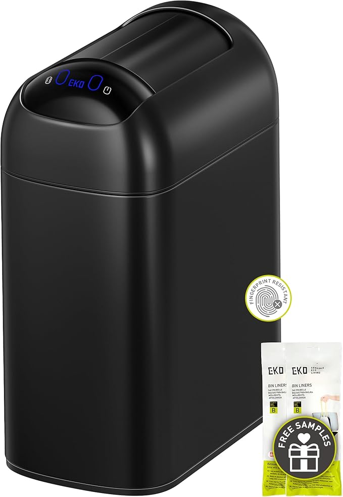 EKO Astro Slim Sensor Trash Can, 10L / 2.6 Gallon Touchless Garbage Bin with Soft-Close Butterfly Lid, Motion Sensor Stainless Steel Trash Can for Bathroom, Kitchen and Office, Matte Black, Waterproof