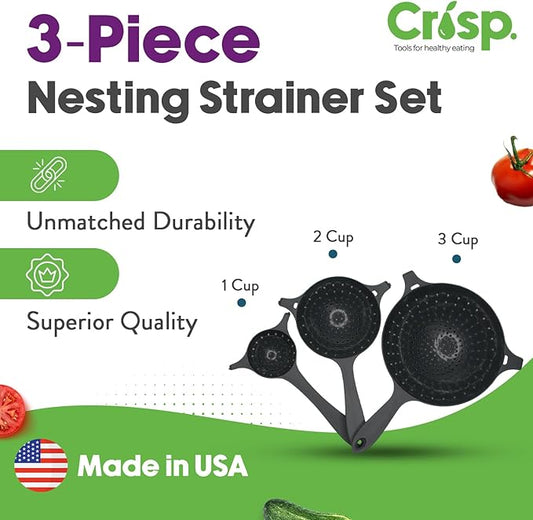Crisp 3 Piece Nesting Strainer Set - Plastic, Durable Kitchenware, Dishwasher Safe - Made in the USA - Black