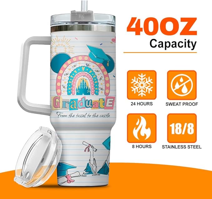 Graduation Castle Adventure, Tumbler 40 Oz With Handle Lid And Straw, Graduation Gifts, Tumblers Rainbow Gold Senior White Class Handle Of Purple Royal Teal Blue Heart