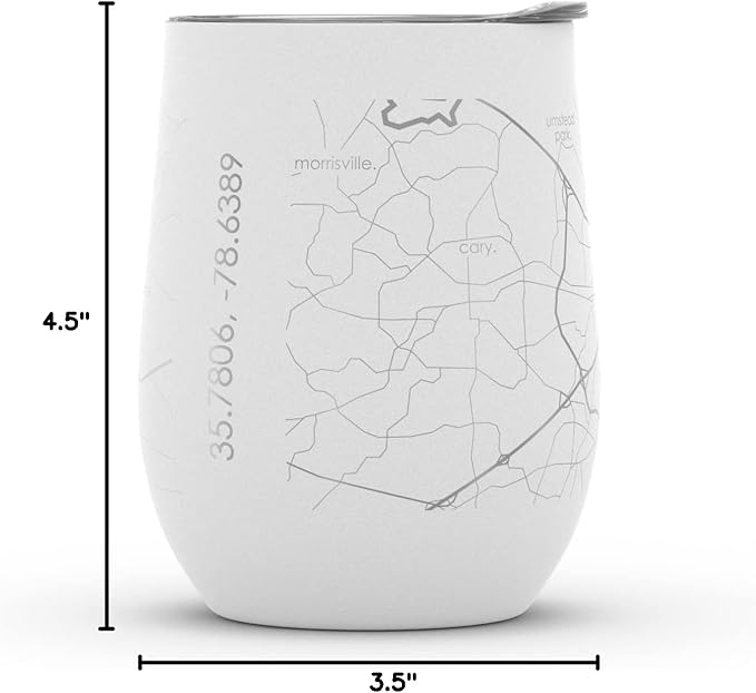 Well Told Engraved Raleigh North Carolina Map Insulated Wine Tumbler, Etched Stainless Steel Wine Tumbler (12 oz, White) City Map Insulated Tumbler, Custom Insulated Tumbler, Outdoor Drinkware