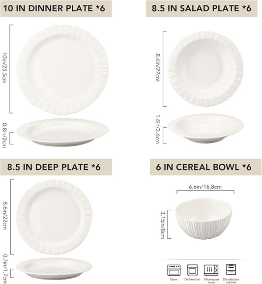24-Piece White Ceramic Dinnerware Set - Rhine Series, Service for 6, Includes Bowls, Flat & Deep Plates, Microwave & Dishwasher Safe