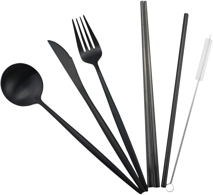 Gugrida Luxury Black Matte Portable 18/10 Stainless Steel Travel Flatware Sets of 7 Portable Camping Cutlery Set, Healthy & Eco-Friendly Flatware Set with Carrying Case for Travel or Camping