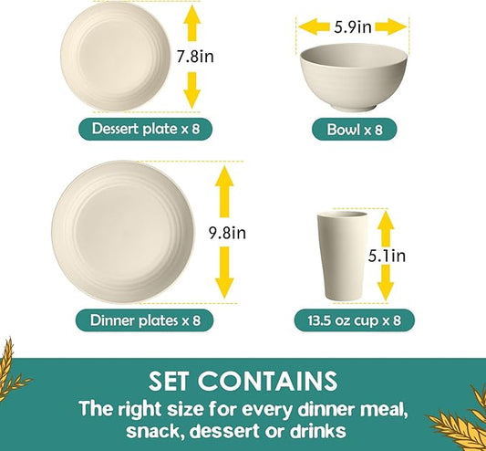 Teivio 32-Piece Kitchen Plastic Wheat Straw Dinnerware Set, Service for 8, Dinner Plates, Dessert Plate, Cereal Bowls, Cups, Unbreakable Plastic Outdoor Camping Dishes, Beige