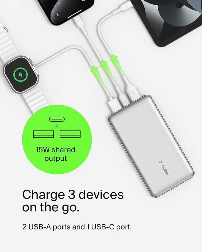 Belkin Portable Charger, USB-C Power Bank 10000 mAh w/ 1xUSB-C Port & 2xUSB-A Ports, 15W w/Type-C to Type-A Cable for iPhone 17, Samsung Galaxy S25, Nintendo Switch 2, Google Pixel 10, etc. - Silver