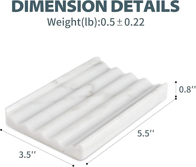 Soap Holder, Marble Soap Dish for Shower, Bar Soap Holder with Water Ripple Design, Easy Cleaning Soap Saver for Kitchen Sink,Bathroom, Executive Italian Natural Stone Soap Tray(Bianco Carrara)