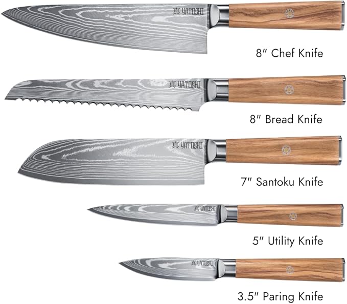Yatoshi Knives Magnetic Kitchen Knife Block Set - Japanese 67 Layer High-Grade VG-10 Steel Knives, Sharp, Professional Kitchen Knife Set - Damascus (6 pieces), Olive Wood Handles
