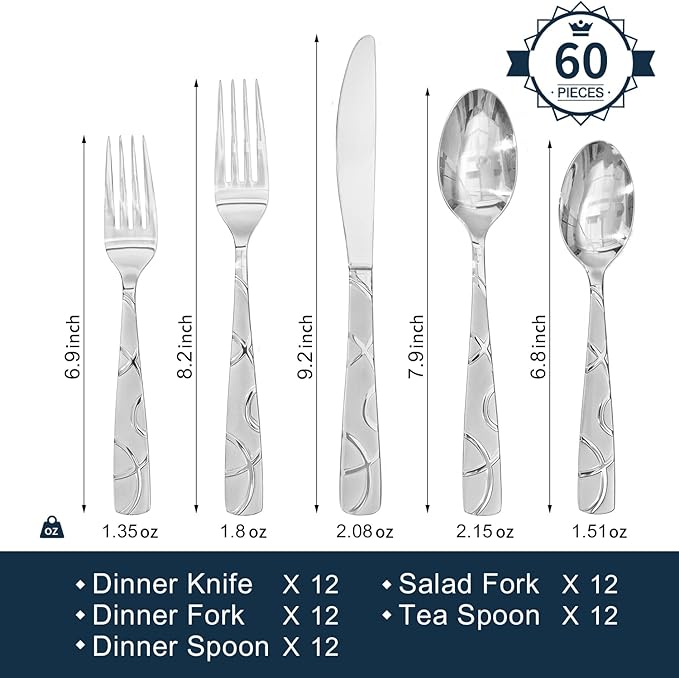 HIKAA 60PCS Stainless Steel Silverware Set, Modern Flatware Set for Kitchen, Mirror Polished Cutlery Set with Forks, Spoons and Knives,Dishwasher Safe