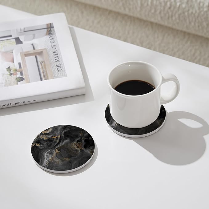 Set of 6 Abstract Black Marble Coasters with Holder, Absorbent Ceramic Coasters for Drinks, Coasters with Cork Backing for Table Protection, Housewarming Gifts for New Home