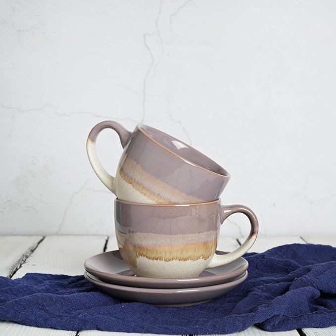 Bosmarlin Ceramic Cappuccino Cup and Saucer Set of 2, 10 Oz, Coffee Cups for Latte, Espresso, Tea, Dishwasher and Microwave Safe (Purple)