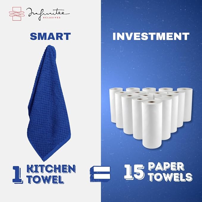 Infinitee Xclusives 100% Cotton Kitchen Towels - 15x25 Inch Ultra Soft Tea Towel, Super Absorbent Terry Dish Towels for Kitchen Linens |Blue|