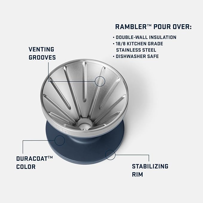 YETI Pour Over Coffee Maker Accessory Ramblers, Designed for Perfect Coffee Extraction Anywhere, Stainless Steel, fits any V60 Filter, Navy