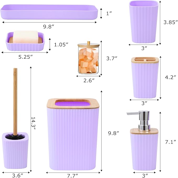 Purple Bathroom Accessory Set, Light Purple Bathroom Set with Trash Can, Tray, Toothbrush Holder,Toothbrush Cup,Soap Dispenser,Soap Dish,Toilet Brush and Qtip Holders