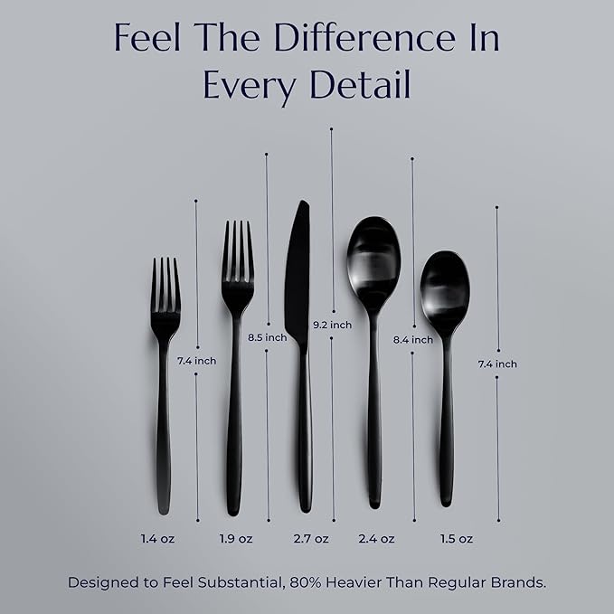 JazzUpCo Ava Flatware Flatware non toxic 18/10 stainless steel dishwasher safe (Matte Black, 16 Person Set (80 Pieces))