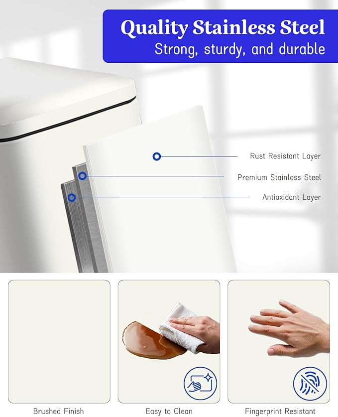 Trash Can with Lid, 10L Bathroom Waste Bin, Small Pedal Bin, Stainless Steel Garbage Can for Bathroom, Bedroom and Office, White