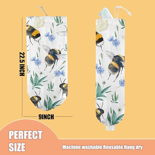 Bee Plastic Bag Holder, Wall Mount Grocery Bag Holder, Plastic Storage bag, Pull Rope Free Adjustment, Plastic Bag Holders for Grocery Bags, Plastic Bag Dispenser for Home Kitchen