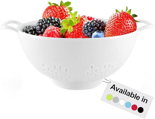 Meadow Lane 6-inch Small Colander, BPA-Free, Dishwasher Safe, Double Handles, Compact Food Strainer for Berries, Veggies and Pasta, 3-Cup Capacity, Smooth White