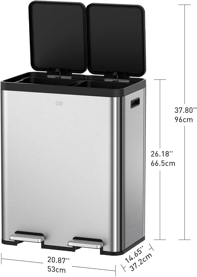 EKO Essential 8+8 Gallon Dual Trash Can, Kitchen Step Recycle Trash Can with Dual Removable Bucket, Independent Lids and Pedals, Brushed Stainless Steel