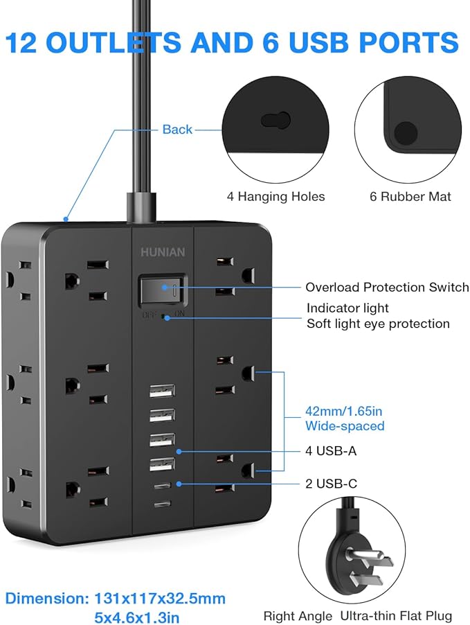 Extension Cord 25 Ft, HUNIAN Flat Plug Power Strip Surge Protector, 12 Widely Spaced Outlets with 6 USB Charger (2 USB C Ports), Desk Charging Station for Home Office Supplies, Dorm Room, Black