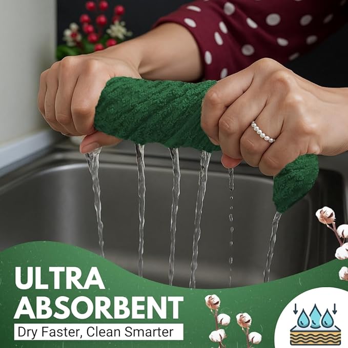 Infinitee Xclusives 100% Cotton Kitchen Towels - 15x25 Inch Ultra Soft Tea Towel, Super Absorbent Terry Dish Towels for Kitchen Linens |Green|