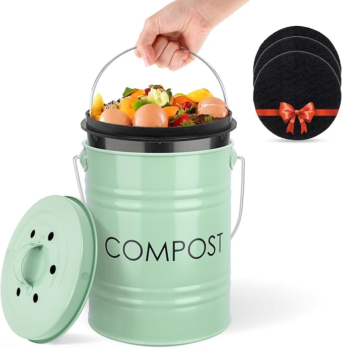 Vipush Kitchen Countertop Compost Bin with lid – Small, Includes Inner Compost Bucket Liner & Charcoal Filter, Green