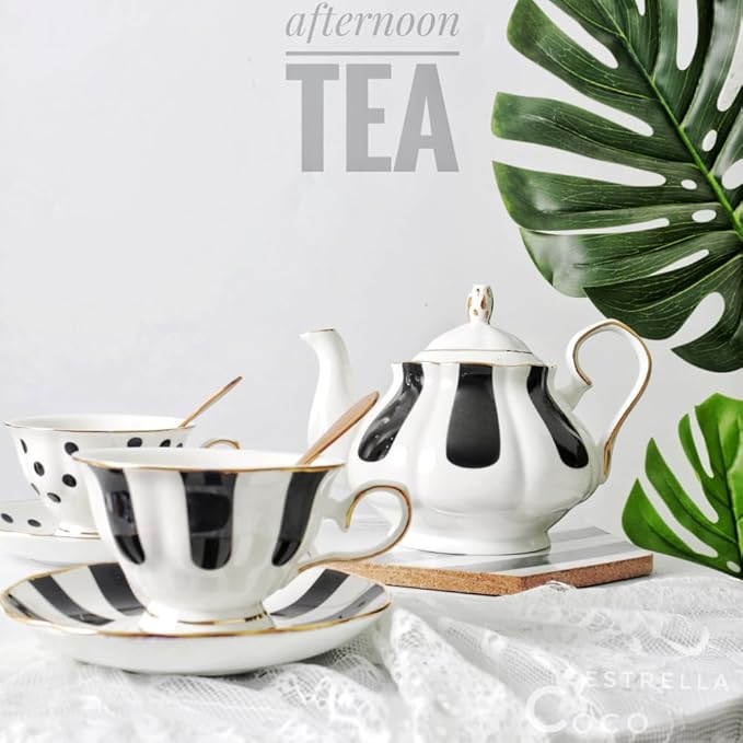 3-Piece Checkered Coffee Cup and Saucer Set with Spoon, 7oz Bone China Porcelain, Black-and-White Vintage Mug Set for Home Office and Afternoon Tea, Elegant Gift Choice