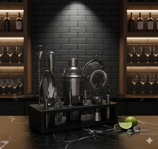 Highball & Chaser 13-Piece Cobbler Cocktail Shaker Set: Black Polished Stainless Steel Bartender Kit for Home Bar Set | Laser Engraved Tools Plus E-Book with 30 Recipes