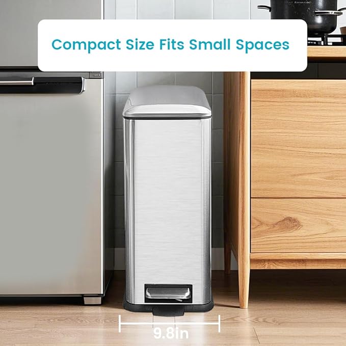 8 Gallon Trash Can, Stainless Steel Kitchen Trash Can with Removal Inner Bucket and Soft-Close Lid, Step on Trash can 30 Liters, Durable Metal Garbage Can for Home, Bathroom, Office