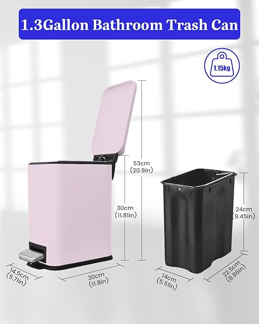 Bathroom Trash Can with Lid, 1.3 Gallon Trash Can with Removable Inner Bucket, Stainless Steel Garbage Can, Soft Close, Slim Pedal Trash Bin for Small Place, 5 Liters, Pink