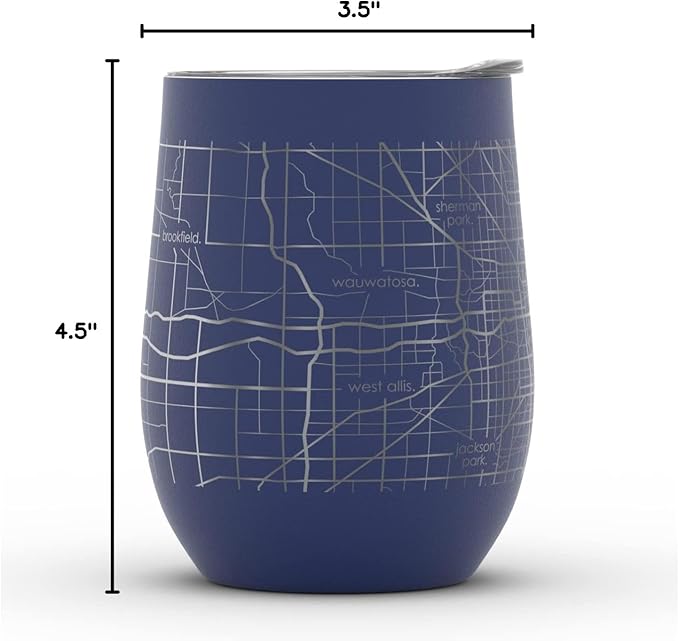 Well Told Engraved Milwaukee Wisconsin Map Insulated Wine Tumbler, Etched Stainless Steel Cup (12 oz, Midnight Blue) City Map Insulated Tumbler, Custom Insulated Tumbler, Outdoor Drinkware