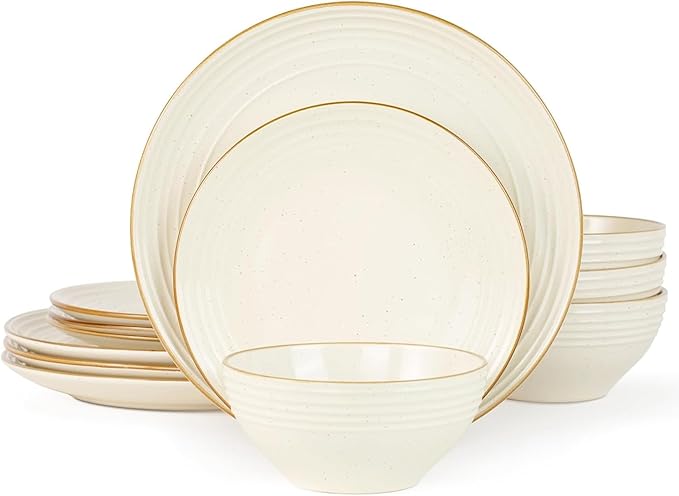 Famiware Jupiter Dinnerware Set, Plates and Bowls Dish Sets for 4 (12 Pieces), Microwave and Dishwasher Safe Stoneware Speckled Tableware, Chip and Scratch Resistant, Vanilla White