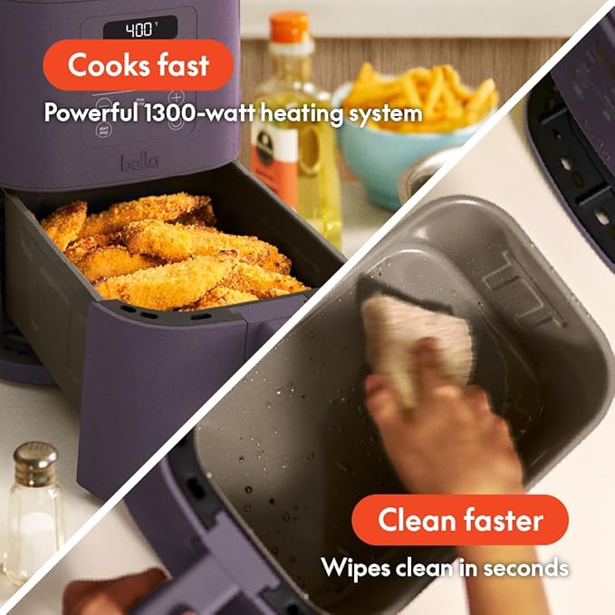 bella 4Qt Slim Air Fryer, Fits-anywhere™ Kitchenware, EverGood™ Ceramic Nonstick Coating, Adjustable Temperature, 6 Preset Cooking Options, 60 Min Auto Shutoff w Audible Tone, 3.3lb Capacity, Plum