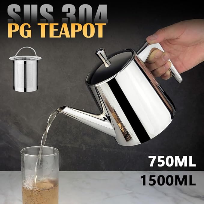 304 Stainless Steel Teapot Long Strain Large Capacity Teapot with Infuser and Removable Filter for Home Restaurant Office Dinnerware Accessories Drinkware Item (1500ml)