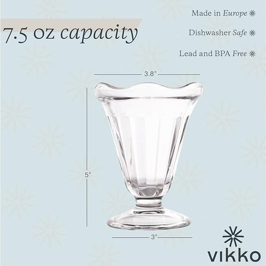 Vikko Glass Footed Ice Cream Cups, Set of 6 MIlk, 7.5 Ounce Milkshake Glasses, Footed Ice Cream Cups, Thick and Durable Parfait Glasses, Ice Cream Bowls, Dishwasher Safe Sundae Glasses