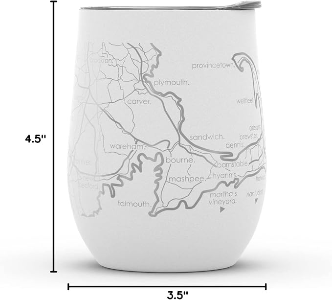 Well Told Engraved Cape Cod Massachusetts Map Insulated Wine Tumbler, Etched Stainless Steel Wine Tumbler (12 oz, White) City Map Insulated Tumbler, Custom Insulated Tumbler, Outdoor Drinkware