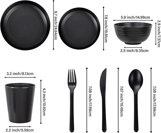 LIYH 28 Pcs Black Wheat Straw Dinnerware Sets - Plates and Bowls Sets, Unbreakable Dinnerware Set Reusable Plates, Bowls, Cups & Cutlery - Lightweight, Dish Set for Kitchen & Camping