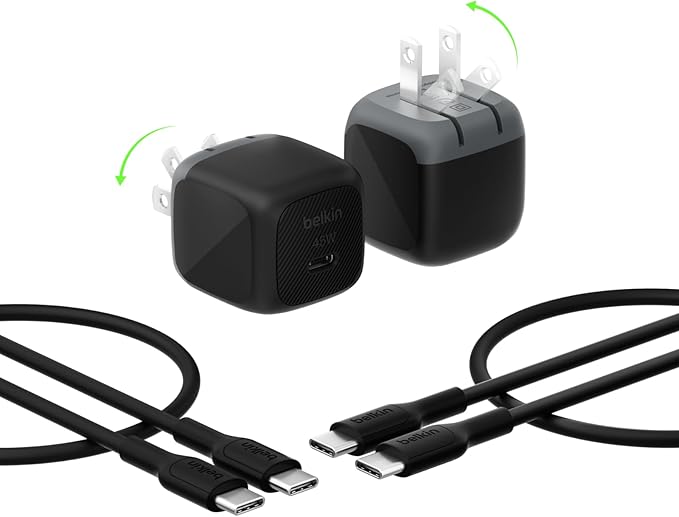 Belkin USB C Charger Block 45W (2 Pack) - USB C Cable Included - PD3.1 PPS Fast Charging - Samsung Galaxy S25, S24, Apple iPhone 17, Air, Pro, Pro Max, Google Pixel 10, Nintendo Switch, etc - Black