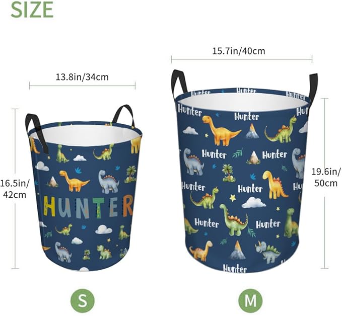 callie Personalized Dinosaur Laundry Basket for Kids, Waterproof Collapsible Laundry Hamper, Clothes Toys Storage Bin for Bedroom Nursery (13.8" x 16.5", 15.7" x 19.6")