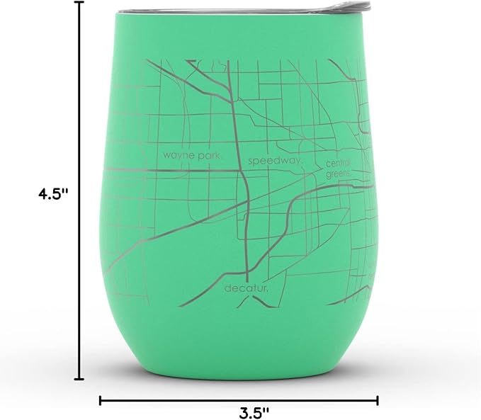 Well Told Engraved Indianapolis Indiana Map Insulated Wine Tumbler, Etched Stainless Steel Cup (12 oz, Sunday Green) City Map Insulated Tumbler, Custom Insulated Tumbler, Outdoor Drinkware