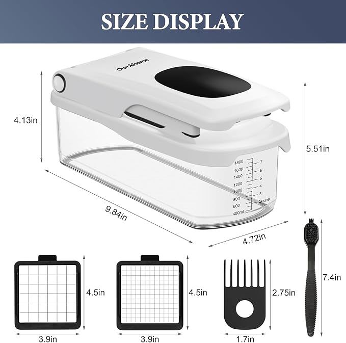 Ourokhome Chopper Vegetable Cutter with Container, Manual Hand Food Onion Dicer with 2 Chopping Blades for Potato Strips, Veggie Cubers, Carrot Sticks, Essential Kitchen Gadgets (2 in 1, White)
