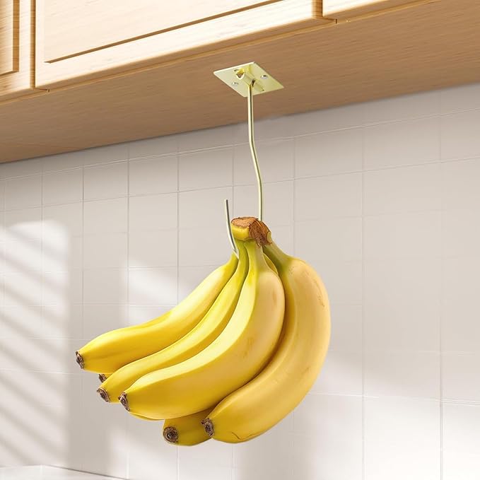 Self-Adhesive Banana Hooks, Foldable Magnetic Hanger Under Cabinet, Sturdy Metal Banana Holder for Kitchen, Space-Saving Design to Keep Bananas Fresh 3 Pieces Gold