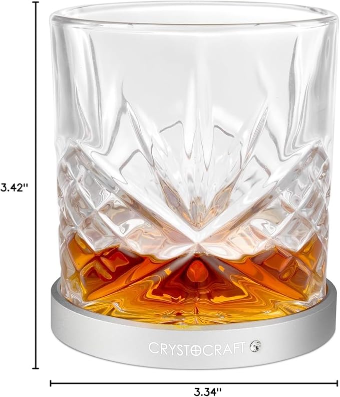 Crystocraft Whiskey Glass with Rotating Aluminum Coaster, Spinning Cocktail Glass, Old Fashioned Drinking Glassware for Bars, Restaurants, Party, Home, Gift for Father Birthday Christmas