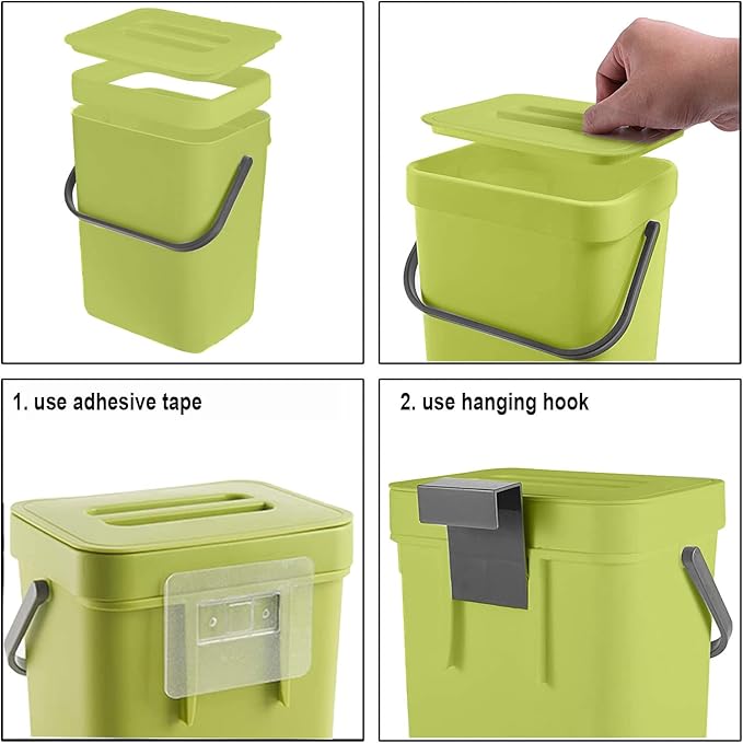 LALASTAR Small Plastic Trash Can, Hanging Small Trash Can with Lid Under Sink for Kitchen, Food Waste Bin for Countertop, Mountable Garbage Can for Bathroom, RV, 5L/1.3 Gal, Green