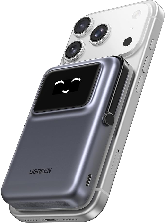 UGREEN Uno 10000mAh Magnetic Portable Charger, Qi 7.5W Wireless Power Bank, PD 20W USB C Battery Pack with Foldable Stand and TFT Display MagSafe Compatible iPhone 17/16 /15/14/13/12 Series, Black