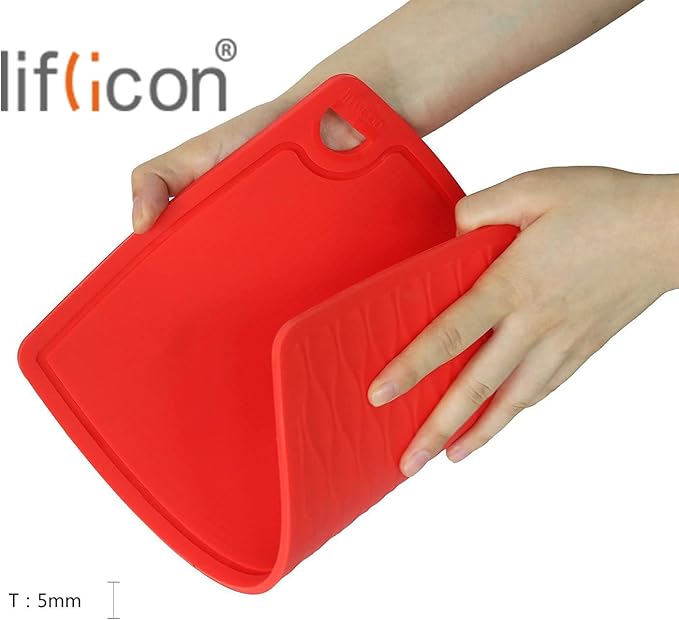 Liflicon Thick Silicone Cutting Board 12.6'' x 9.1'' Juice Grooves Easy Grip Handle Dishwasher Safe-Red