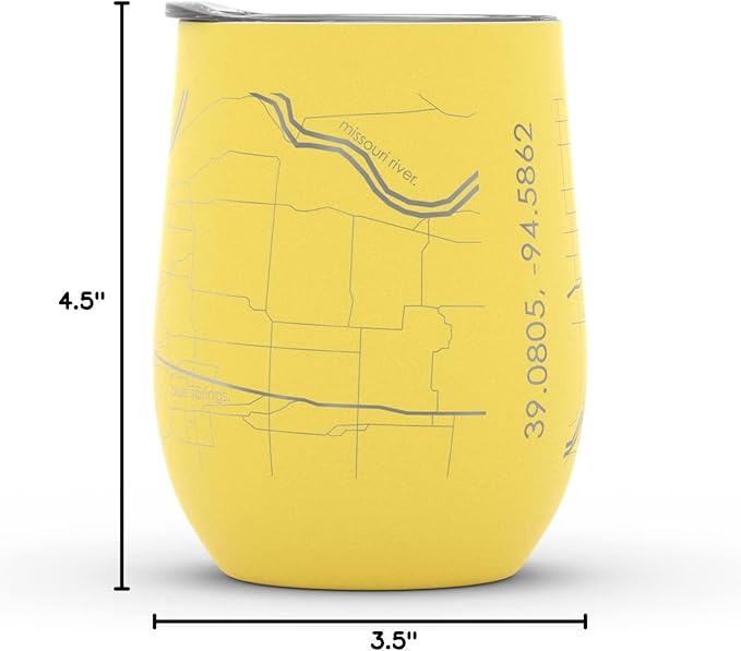 Well Told Engraved Kansas City Missouri Map Insulated Wine Tumbler, Etched Stainless Steel Cup (12 oz, Sunrise Yellow) City Map Insulated Tumbler, Custom Insulated Tumbler, Outdoor Drinkware