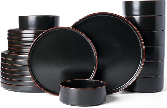 Famiware Nebula Ridge Stoneware Dinnerware Sets for 8, 24 Pieces Plates and Bowls Sets, Dishes Set, Microwave and Dishwasher Safe Kitchen Plates, Matte Black