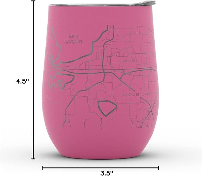 Well Told Engraved Orlando Florida Map Insulated Wine Tumbler, Etched Stainless Steel Cup (12 oz, Sunset Pink) City Map Insulated Tumbler, Custom Insulated Tumbler, Outdoor Drinkware