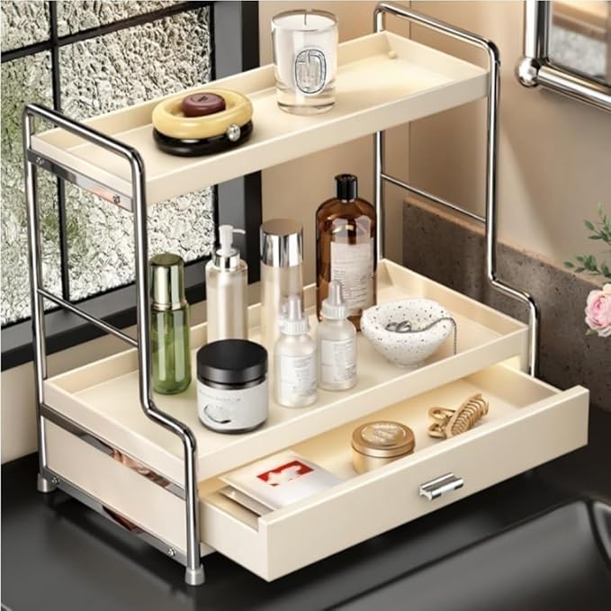 2-Tier Metal Spice Rack Desktop Storage Rack with Drawers Multifunctional Organizer Cosmetic Box for Bathroom Kitchen Beautiful