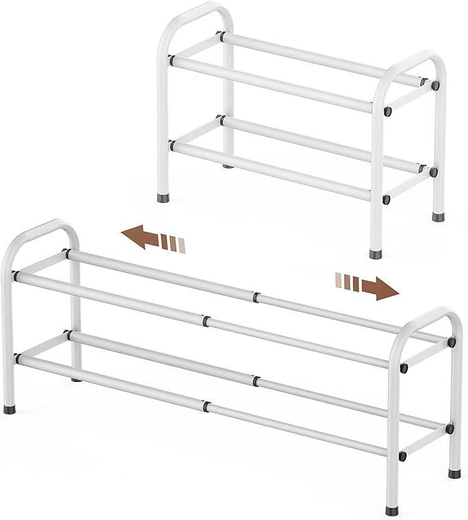 Gonfoam 2-Tier Expandable Shoe Rack,Adjustable Shoe Shelf Storage Organizer Heavy Duty Metal Free Standing Shoe Rack for Entryway Closet Doorway (White)