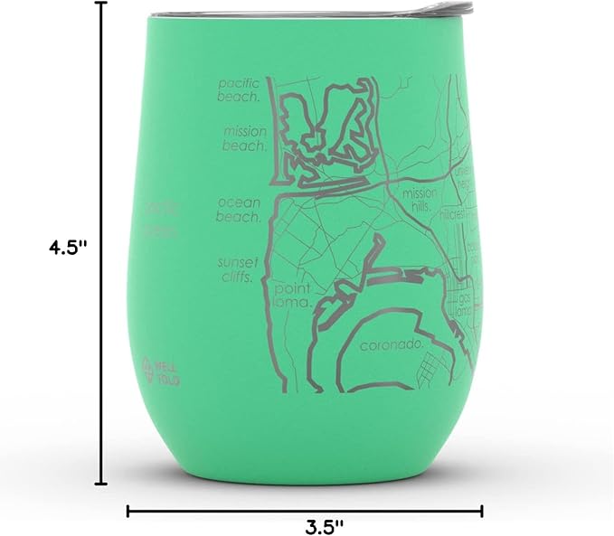 Well Told Engraved San Diego California Map Insulated Wine Tumbler, Etched Stainless Steel Cup (12 oz, Sunday Green) City Map Insulated Tumbler, Custom Insulated Tumbler, Outdoor Drinkware